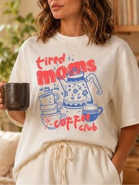 Tired Moms Coffee Club Graphic Tee - Cream with Coral & Blue Print XS-3X